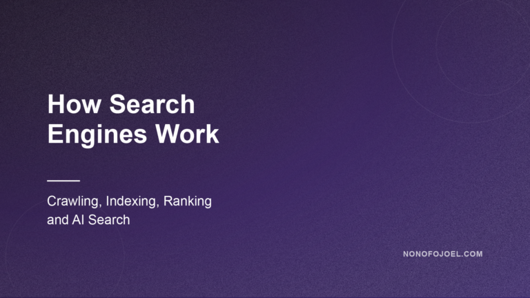 Purple textured hero image with large white text: 'How Search Engines Work' and subheading 'Crawling, Indexing, Ranking and AI Search'.