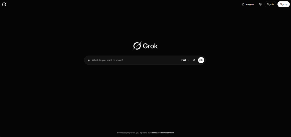 image | Nonofo Joel Grok dark homepage hero with centered logo and a rounded search bar beneath it on a black background, top-right Sign in/Sign up options visible.