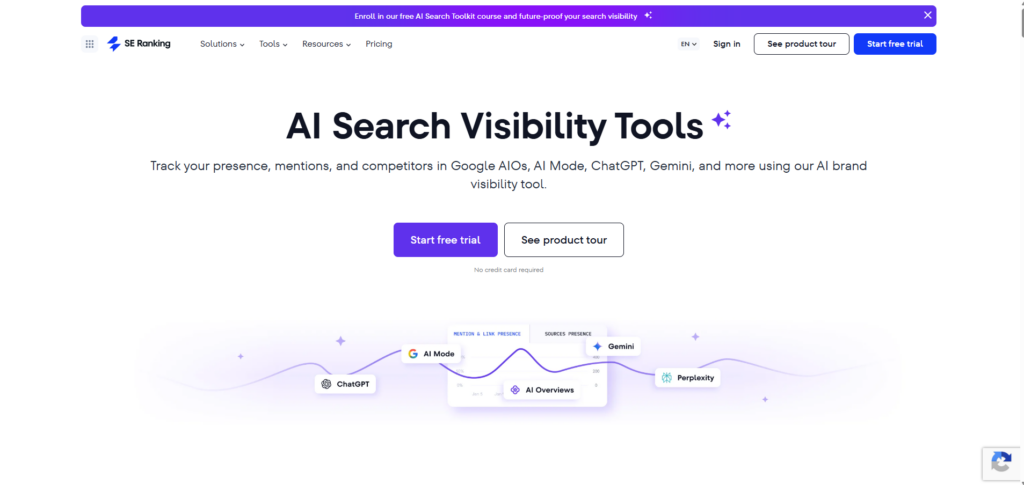 image | Nonofo Joel Hero header for AI Search Visibility Tools: large title 'AI Search Visibility Tools' with two CTAs 'Start free trial' and 'See product tour' underneath, banner navigation above.