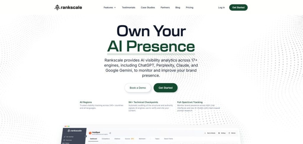 image | Nonofo Joel Rankscale hero banner: 'Own Your AI Presence' with description about AI visibility analytics and demo/get started buttons