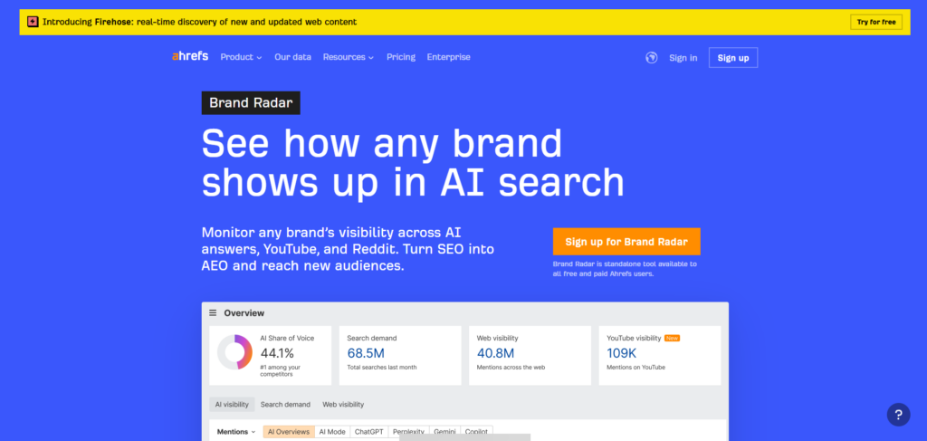 image | Nonofo Joel Blue hero banner with the headline 'See how any brand shows up in AI search,' a 'Brand Radar' badge, and an orange Sign up button beside the text area.