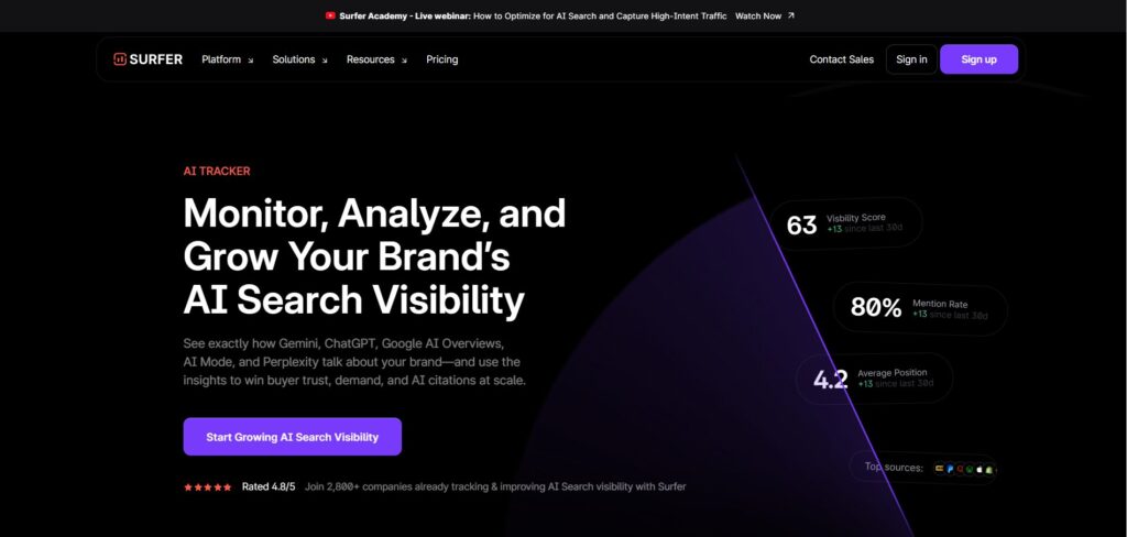 image | Nonofo Joel Hero section for Surfer AI: bold headline about monitoring and growing brand AI search visibility, with purple diagonal graphic and a purple CTA button labeled 'Start Growing AI Search Visibility'.