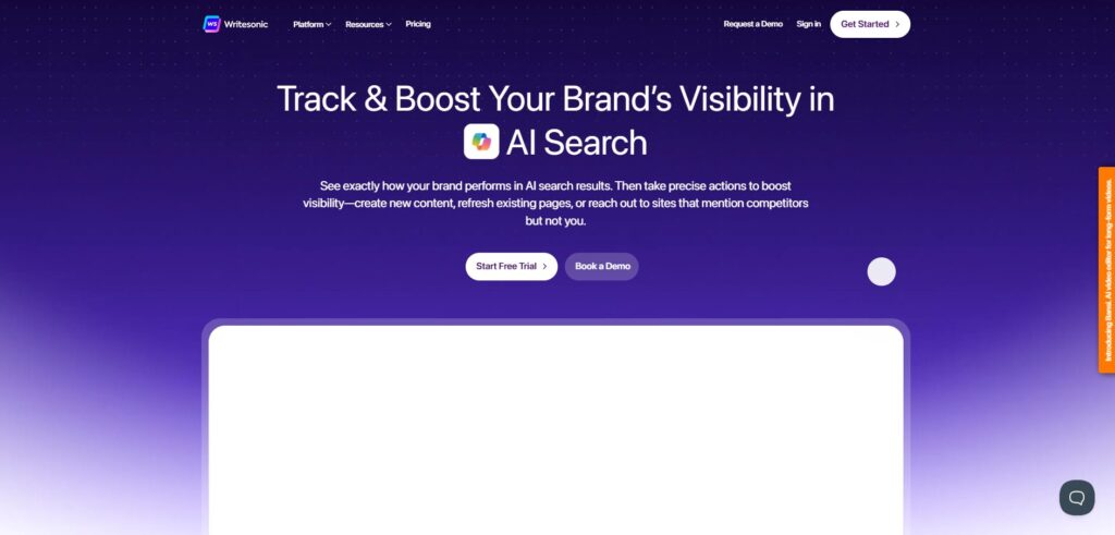 image | Nonofo Joel Hero section: Heading about tracking and boosting brand visibility in AI search with two call-to-action buttons (Start Free Trial, Book a Demo) and a gradient night-sky background.