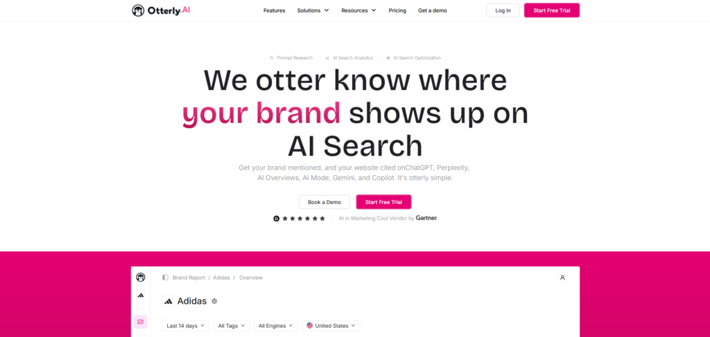 image | Nonofo Joel Hero section for Otterly AI: large headline about brand visibility on AI search, with pink emphasis on 'your brand' and CTAs below