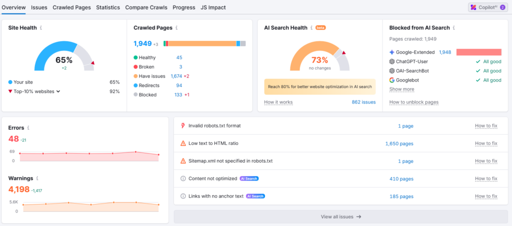 image | Nonofo Joel Dashboard showing site health, crawl stats, AI search health, and page errors/warnings for a website audit tool.