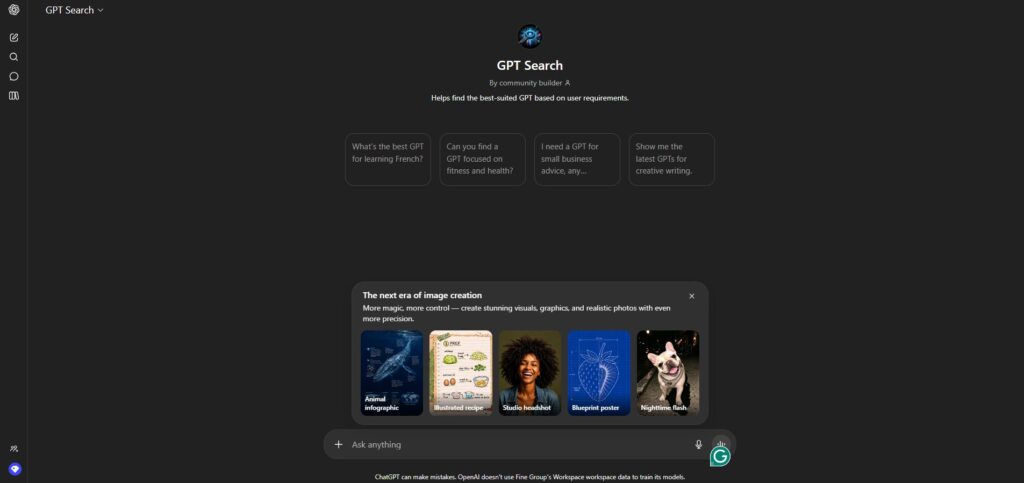 image | Nonofo Joel Dark GPT Search landing page with four rounded prompt buttons and a user avatar at the top center, promoting GPT discovery.