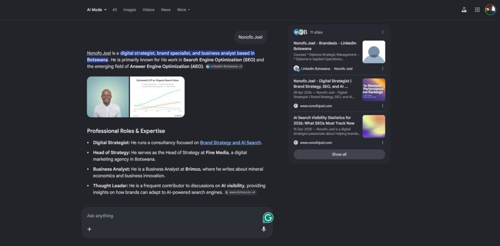 image | Nonofo Joel Profile page for Nonof Joel: digital strategist based in Botswana with a portrait and chart beside a bullet list of roles like Digital Strategist and Head of Strategy on a dark-themed page with a LinkedIn-style card on the right