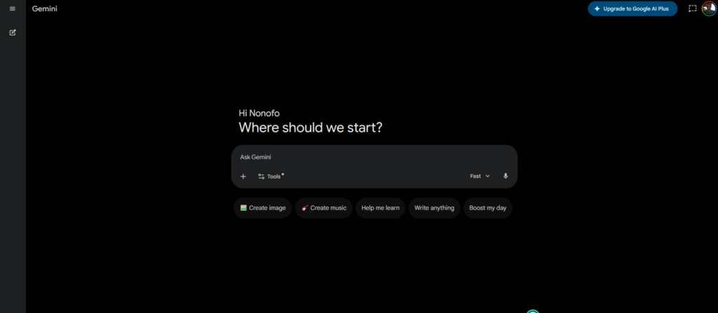 image | Nonofo Joel Welcome screen of Gemini AI with the greeting 'Hi' and the prompt 'Where should we start?', a rounded 'Ask Gemini' search/input bar, and five quick-action pills: Create image, Create music, Help me learn, Write anything, Boost my day.