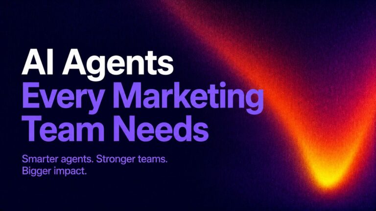 Banner with white and purple text: 'AI Agents Every Marketing Team Needs' on a dark gradient with an orange glow on the right.