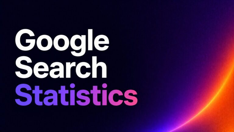 Hero banner with the words 'Google Search Statistics' in bold white and purple-pink text on a dark gradient, featuring an orange curved edge on the right.