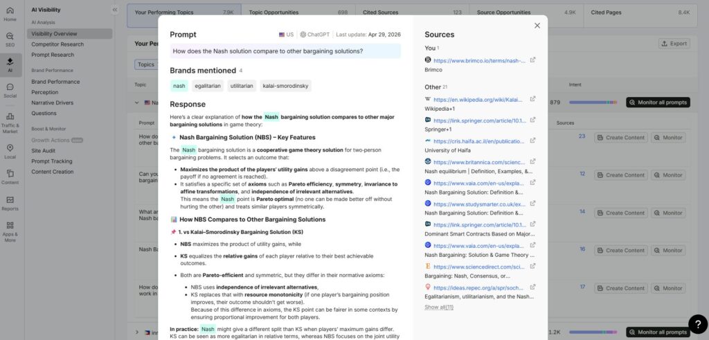 Screenshot of a web app with a Prompt panel about the Nash bargaining solution and a Sources sidebar on the right.
