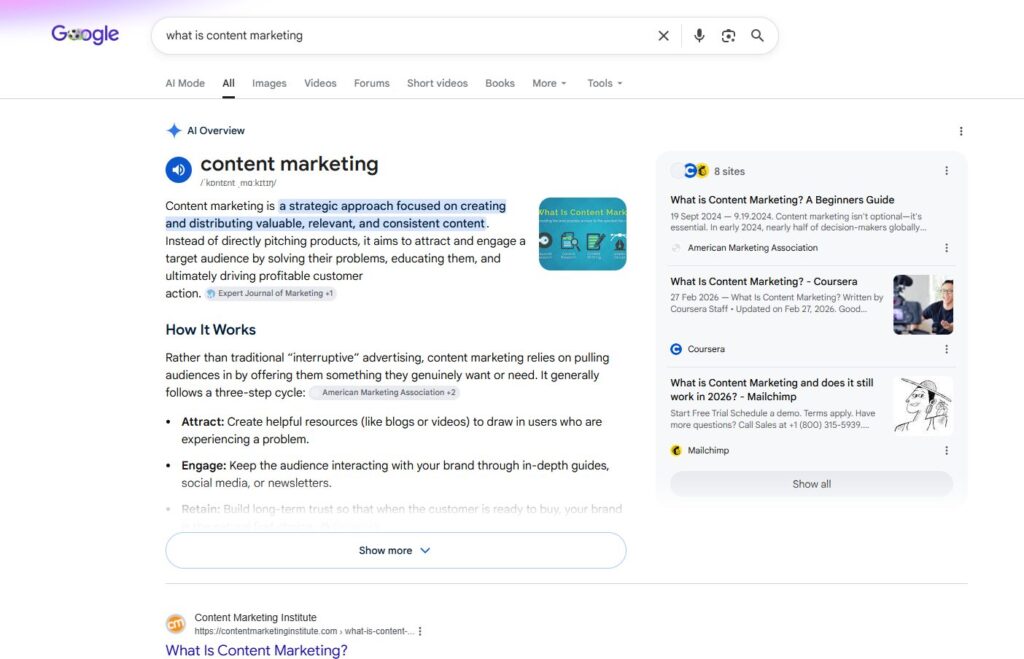 image | Nonofo Joel Google search results page for 'what is content marketing' showing an article snippet on the left and a related cards panel on the right, with highlighted definition text.