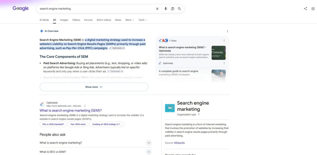 image | Nonofo Joel Google search results page for 'search engine marketing' showing an AI Overview panel and a right-hand related results card with SEM terms.