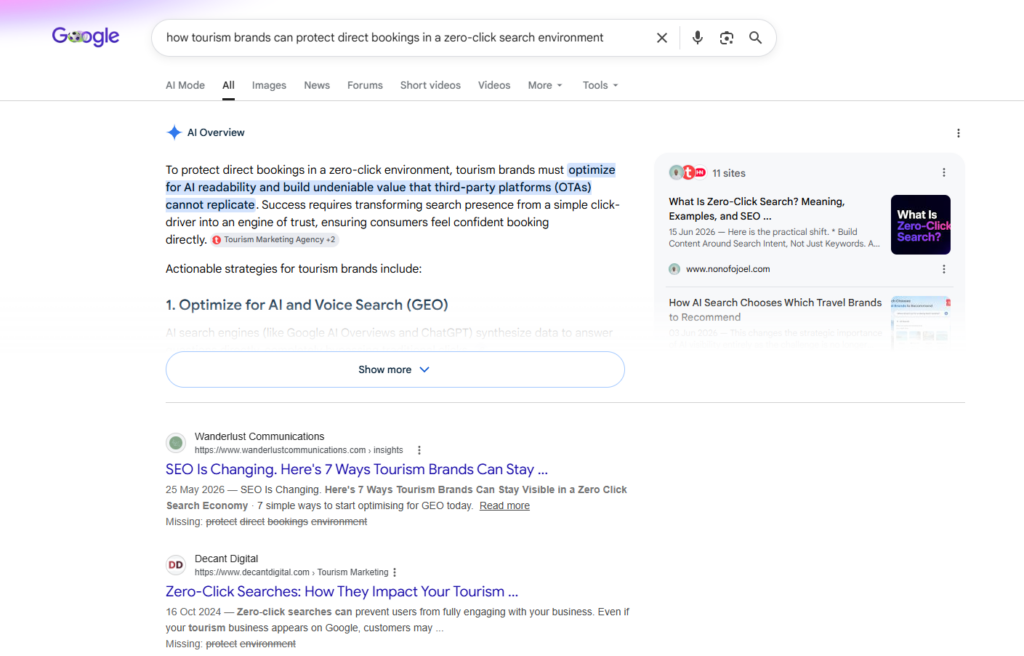 image | Nonofo Joel Screenshot of a Google search results page showing the query 'how tourism brands can protect direct bookings in a zero-click search environment' with AI Overview panel and a right-side info card.