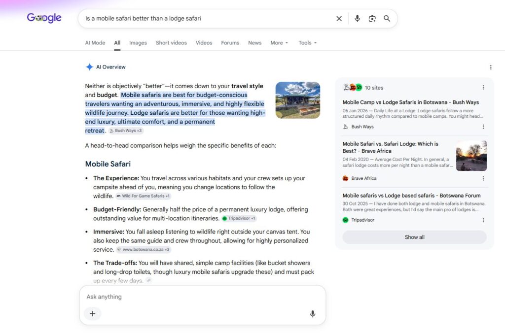 Screenshot of Google search results for 'Is a mobile safari better than a lodge safari' with AI Overview panel.