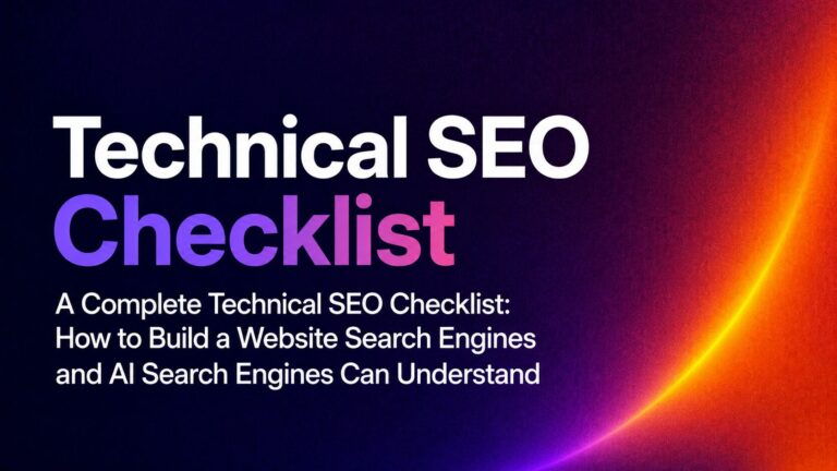 Cover image with the title 'Technical SEO Checklist' on a dark gradient background with a purple-to-orange arc, suggesting a guide or course poster.