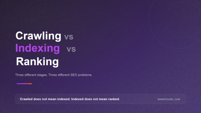 Bold hero banner: 'Crawling vs Indexing vs Ranking' on a dark purple gradient with circular line art and a subtitle about three SEO stages.