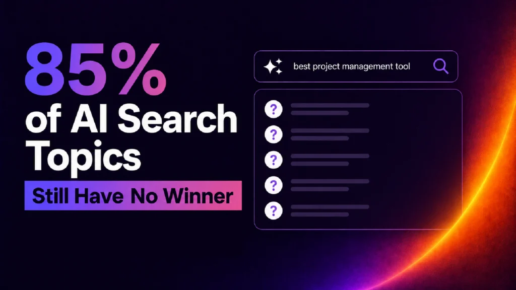 The Next SEO Battleground Is the Topic Authority Not the Prompt | Nonofo Joel Infographic: '85% of AI Search Topics Still Have No Winner' with a right-side search bar and a list of questions on a dark gradient background.