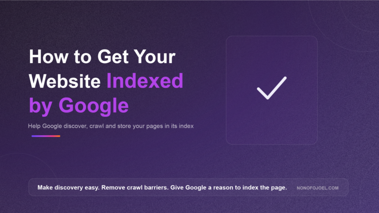 Hero banner: 'How to Get Your Website Indexed by Google' with a white checkmark on a purple background.