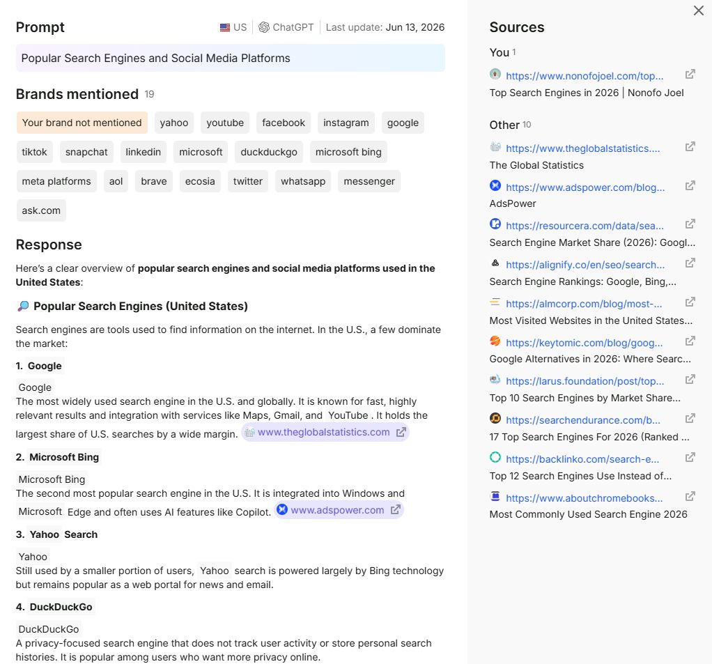 nonofo-joel-ai-search-engine-citatio | Nonofo Joel Screenshot of a guide titled'Popular Search Engines and Social Media Platforms' with brand tags (google, yahoo, youtube, facebook, instagram, etc.) and a 'Response' section listing Google, Bing, Yahoo, and DuckDuckGo in the United States.