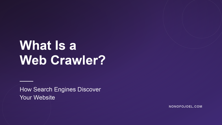 Hero banner with the title 'What Is a Web Crawler?' over a dark purple gradient and circular line art; subtitle reads 'How Search Engines Discover Your Website'